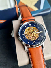 Fossil Commuter Automatic Skeleton Blue Dial Brown Leather Strap Watch for Men - ME3159