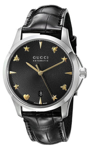 Gucci G Timeless Automatic Black Dial Black Leather Strap Watch For Women - YA126469