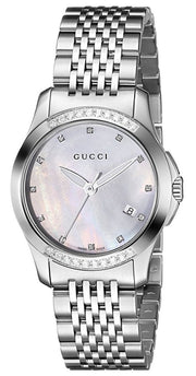 Gucci G Timeless Diamonds Mother of Pearl Dial Silver Steel Strap Watch For Women - YA126510
