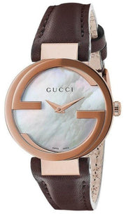 Gucci G Interlocking Mother of Pearl Dial Brown Leather Strap Watch For Women - YA133516
