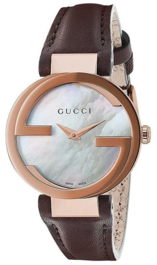 Gucci G Interlocking Mother of Pearl Dial Brown Leather Strap Watch For Women - YA133516