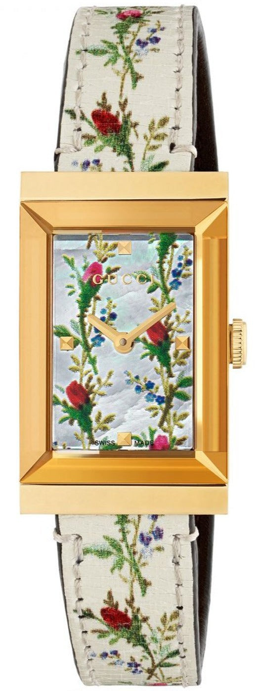Gucci G-Frame Floral Mother of Pearl Dial White Leather Strap Watch For Women - YA147407