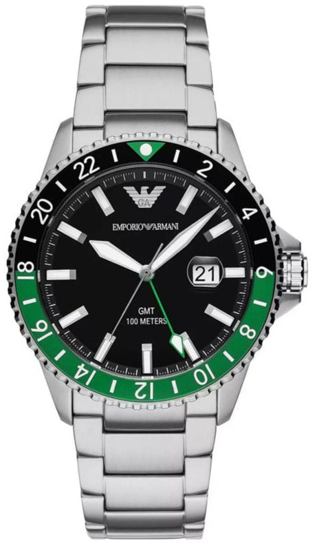 Emporio Armani Sea Explorer GMT Black Dial Silver Steel Strap Watch For Men - AR11589