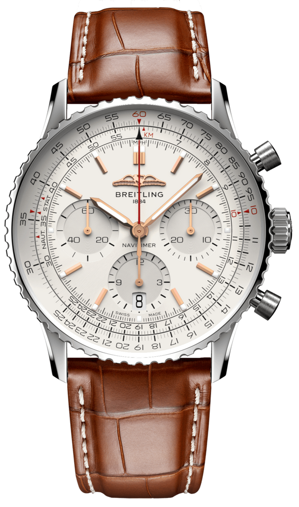 Breitling Navitimer B01 Chronograph 41 White Dial Brown Leather Strap Watch for Men - AB0139211G1P1