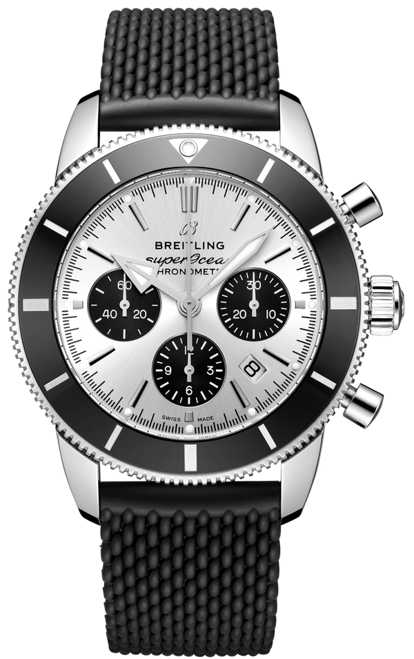 Breitling Superocean Heritage B01 Chronograph 44 Silver Dial Black Mesh Bracelet Watch for Men - AB0162121G1S1