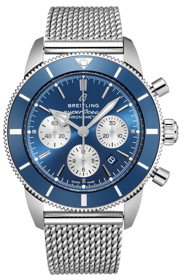 Breitling Superocean Heritage B01 Chronograph 44 Blue Dial Silver Mesh Bracelet Watch for Men - AB0162161C1A1