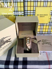 Burberry Pioneer Gold Dial Haymarket Beige Leather Strap Watch for Women - BU9509