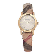 Burberry The City Gold Dial Haymarket Brown Leather Strap Watch for Women - BU9219