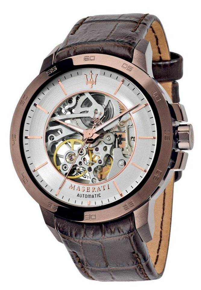 Maserati Ingegno Automatic Skeleton White Dial Brown Leather Strap Watch For Men - R8821119003