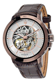Maserati Ingegno Automatic Skeleton White Dial Brown Leather Strap Watch For Men - R8821119003
