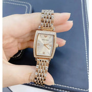 Emporio Armani Gianni T Bar Quartz Crystals White Dial Rose Gold Steel Strap Watch For Women - AR11406