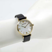 Emporio Armani Gianni T-Bar Quartz Mother of Pearl Dial Black Leather Strap Watch For Women - AR1910