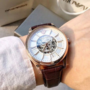 Emporio Armani Epoca White Skeletal Dial Black Leather Strap Watch For Men - AR2073