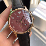 Emporio Armani Classic Chronograph Burgundy Dial Brown Leather Strap Watch For Men - AR1890