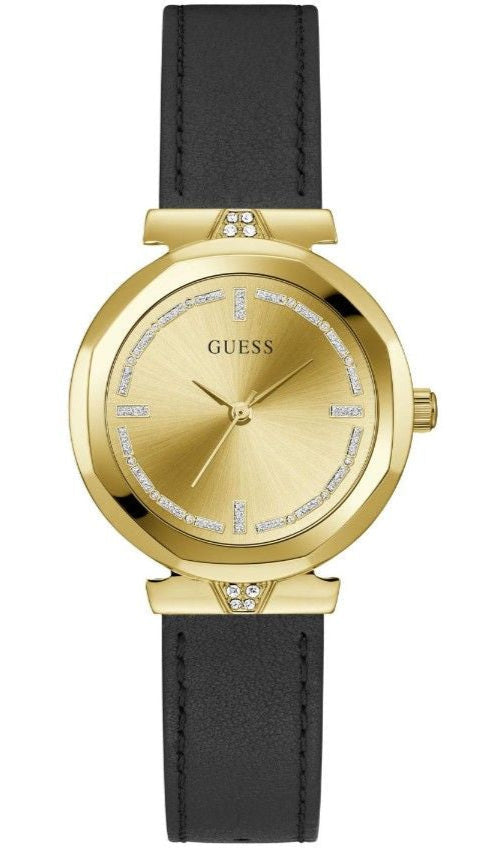 Guess Rumour Quartz Gold Dial Black Leather Strap Watch For Women - GW0689L2