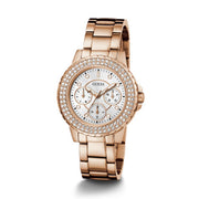 Guess Crown Jewel Multifunction Diamonds White Dial Rose Gold Steel Strap Watch For Women - GW0410L3