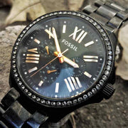Fossil Cecile Multi Function Crystals Black Dial Black Steel Strap Watch for Women - AM4522
