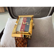 Gucci G-Frame Mother of Pearl Dial Brown Leather Snakeskin Strap Watch For Women - YA147402