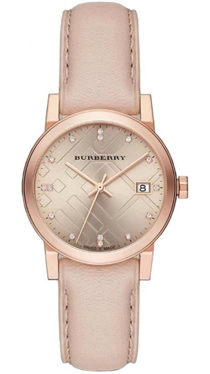 Burberry The City Diamonds Gold Dial Beige Leather Strap Watch for Women - BU9131