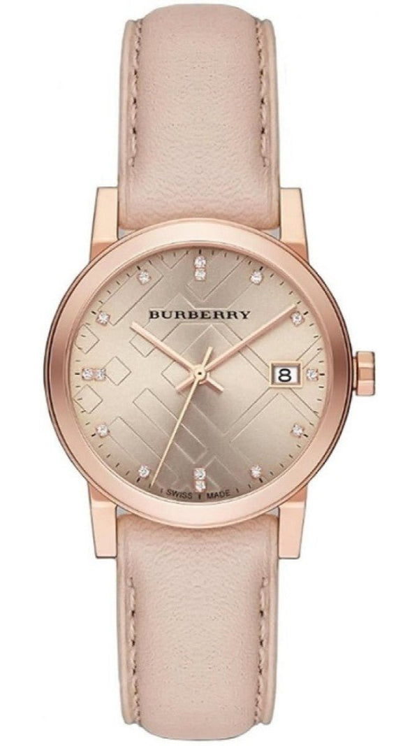 Burberry The City Diamonds Gold Dial Beige Leather Strap Watch for Women - BU9131