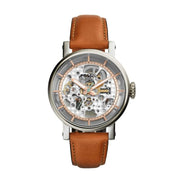 Fossil Boyfriend Automatic Skeleton Silver Dial Brown Leather Strap Watch for Women - ME3109
