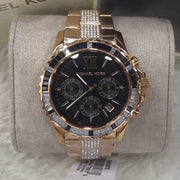 Michael Kors Everest Chronograph Black Dial Rose Gold Steel Strap Watch For Women - MK5875