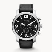 Fossil Nate Chronograph Black Dial Black Leather Strap Watch for Men - JR1436