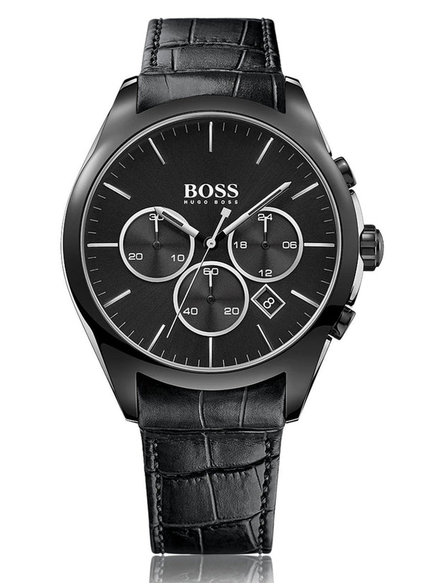 Hugo Boss Onyx Black Dial Black Leather Strap Watch for Men - 1513367