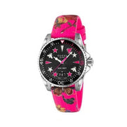 Gucci Dive Quartz Black Dial Pink Leather Strap Watch For Women - YA136326