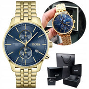 Hugo Boss Associate Chronograph Blue Dial Gold Steel Strap Watch for Men - 1513841