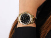 Guess Sparkler Diamonds Black Dial Gold Steel Strap Watch for Women - GW0111L2