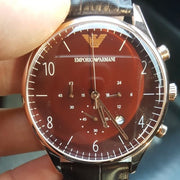 Emporio Armani Classic Chronograph Burgundy Dial Brown Leather Strap Watch For Men - AR1890