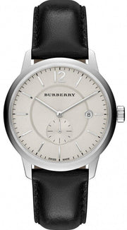 Burberry The Classic Horseferry Beige Dial Black Leather Strap Watch for Men - BU10000