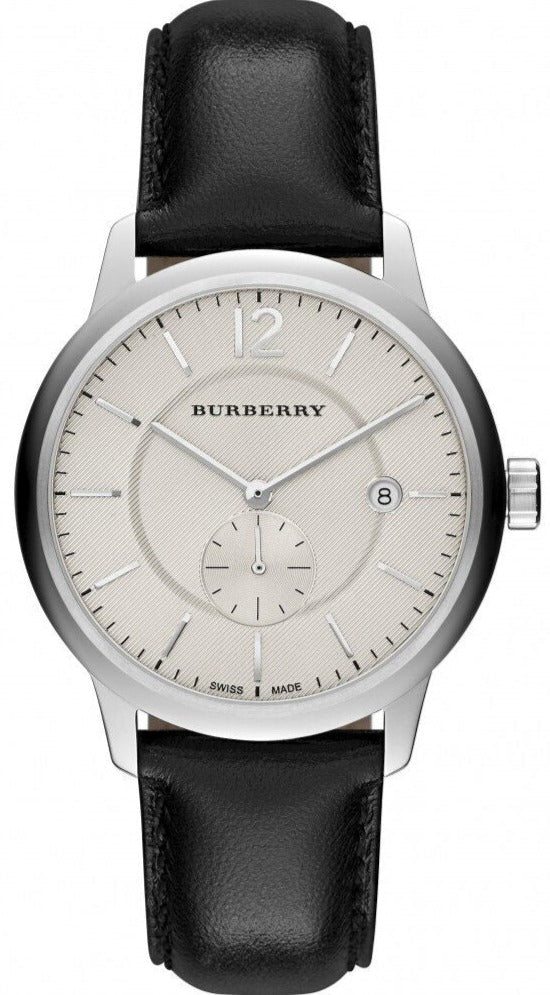 Burberry The Classic Horseferry Beige Dial Black Leather Strap Watch for Men - BU10000