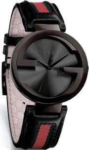 Gucci Interlocking G XL Black Dial Red & Green Leather Strap Watch For Men - YA133206