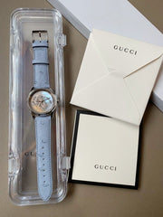 Gucci G Timeless Automatic Mother of Pearl Dial Blue Leather Strap Watch For Women - YA1264113