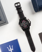 Maserati Ingegno Chronograph Black Dial Black Leather Strap Watch For Men - R8871619003