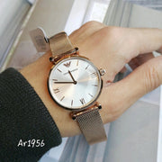 Emporio Armani Gianni T Bar Silver Dial Rose Gold Mesh Bracelet Watch For Women - AR1956