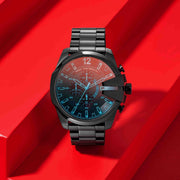 Diesel Mega Chief Chronograph Black Dial Black Steel Strap Watch For Men - DZ4318