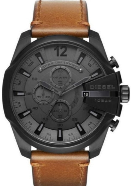 Diesel Mega Chief Chronograph Grey Dial Brown Leather Strap Watch For Men - DZ4463