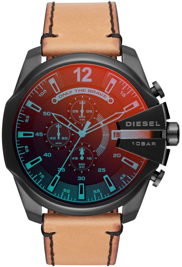 Diesel Mega Chief Chronograph Black Dial Brown Leather Strap Watch For Men - DZ4476
