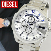 Diesel Mega Chief Chronograph White Dial Silver Steel Strap Watch For Men - DZ4477