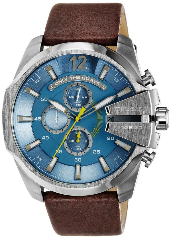 Diesel Mega Chief Chronograph Blue Dial Brown Leather Strap Watch For Men - DZ4281