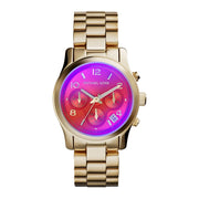 Michael Kors Runway Iridescent Pink Dial Gold Steel Strap Watch for Women - MK5939