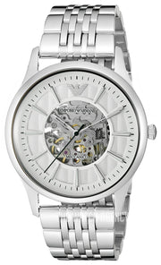 Emporio Armani Meccanico Skeleton Silver Dial Silver Steel Strap Watch For Men - AR1945
