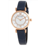 Emporio Armani Gianni T-Bar Analog Mother of Pearl Dial Blue Leather Strap Watch For Women - AR11468