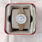 Emporio Armani Gianni T Bar Mother of Pearl White Dial Gold Steel Strap Watch For Women - AR190700
