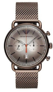 Emporio Armani Aviator Chronograph Grey Dial Brown Mesh Bracelet Watch For Men - AR11169