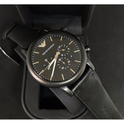 Emporio Armani Dress Chronograph Black Dial Black Leather Strap Watch For Men - AR1918
