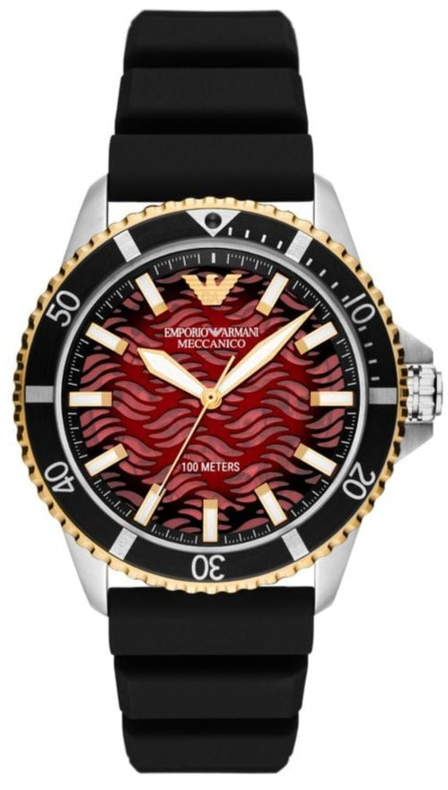 Emporio Armani Sea Explorer Meccanico Automatic Red Dial Black Silicon Strap Watch For Men - AR60070